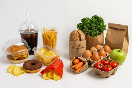 Comparison of fast food and healthy groceries with vegetables and eggs for nutritional choices and...