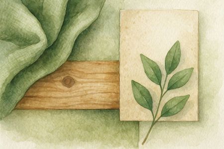 Watercolor composition featuring natural textures of wood, greenery, and fabric in a simple arrangement. concept of artistic decor, nature illustration, creative composition.の写真素材
