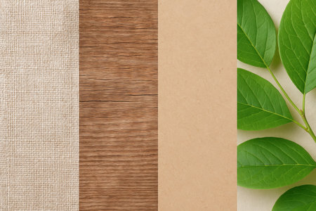 Close-up of natural textures including wood, fabric, paper, and green leaves enhanced for clarity....