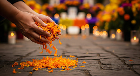 Hands scattering vibrant marigold petals during day of the dead celebration. concept of cultural tradition, honoring ancestors, colorful festivity.の写真素材