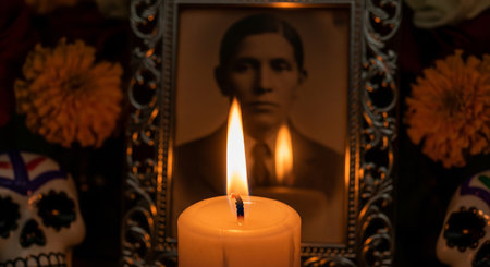 Day of the dead altar with candle and marigolds honoring ancestors in traditional dia de los muertos celebration. concept of remembrance, mexican culture, spiritual connection.の写真素材