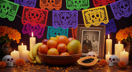 Day of the dead celebration with colorful skull decorations, fruit display, and candles symbolizing...