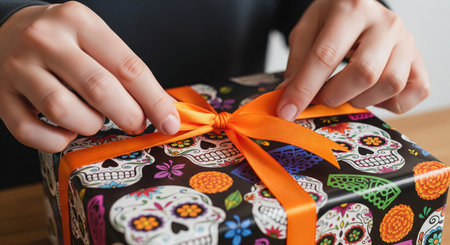 Colorful gift wrapped in day of the dead skull pattern paper featuring orange ribbon. concept of festive celebration, cultural tradition, creative gift wrapping.の写真素材