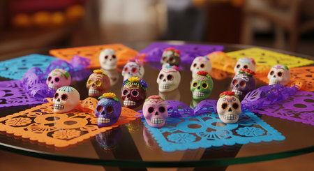 Day of the dead sugar skulls on colorful papel picado for dia de los muertos celebration. concept of mexican tradition, festive decor, cultural heritage.の写真素材