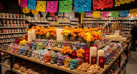 Colorful day of the dead celebration with sugar skulls, marigold flowers, and festive decor in a...