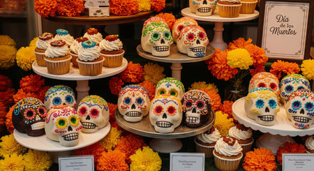 Colorful sugar skulls and marigolds on display for day of the dead celebration. concept of dia de los muertos, mexican tradition, festive decor.の写真素材