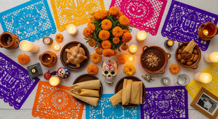Colorful day of the dead altar with marigolds, skulls, and traditional mexican food on a festive table. concept of dia de los muertos celebration, cultural tradition, remembrance.の写真素材