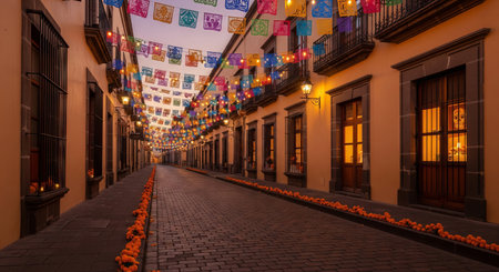 Charming day of the dead celebration scene with Mexican street decorations and marigold flowers concept of cultural festival, traditional celebration, festive atmosphere.の写真素材