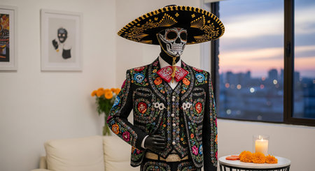Day of the dead celebration with traditional dia de los muertos costume and colorful skull makeup in...