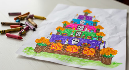 Colorful day of the dead illustration featuring sugar skulls and marigold flowers on a hand-drawn...