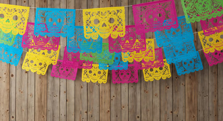 Colorful papel picado banners for day of the dead celebration hanging on rustic wooden wall. concept of mexican culture, festive decor, traditional holiday.の写真素材
