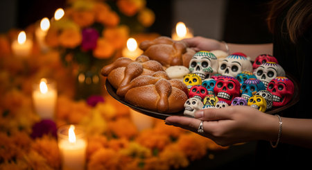 Day of the dead celebration with colorful sugar skulls and traditional bread offerings on an altar...