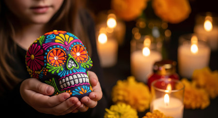 Day of the dead celebration featuring colorful sugar skull and marigold flowers with candlelight...