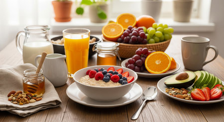 Diverse healthy breakfast spread with fresh fruits, nuts, and juice on wooden table near sunlit window. concept of morning meal, nutritious food, balanced diet.の写真素材