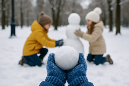 Children building snowman in winter park while playing with snowballs. concept of seasonal fun, outdoor activity, winter playtime.の写真素材