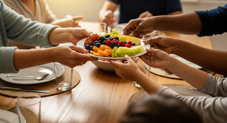 Diverse group sharing a vibrant fruit platter at a dining table. concept of community, freshness, social gathering.の写真素材