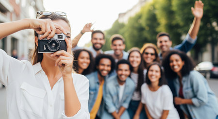 Group of friends posing for a photo with a camera in a lively outdoor urban setting on a sunny day. concept of friendship, photography, joyful gathering.の写真素材