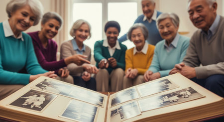 Diverse group of seniors joyfully reminiscing over a photo album in a warm and cozy living room. concept of memory sharing, elderly companionship, intergenerational bonding.の写真素材