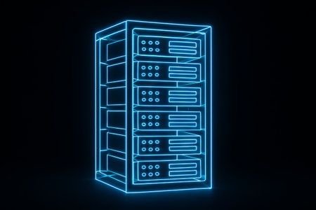 Neon server rack in digital illustration with futuristic glow. concept of data storage, technology advancement, digital infrastructure.の写真素材
