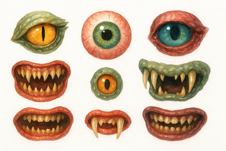Watercolor halloween monster eyes and mouths illustration featuring creepy details and sharp fangs. concept of spooky art, eerie decoration, horror-themed design.. Set.の写真素材