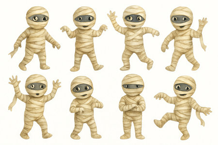 Illustration of eight cute halloween mummies in playful poses for festive decoration and holiday celebration concepts of spooky fun, whimsical decor, creative illustration. Set.の写真素材