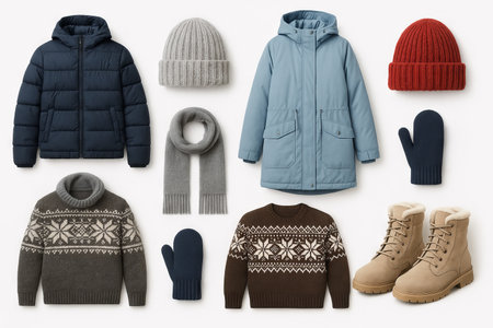 Winter clothing set featuring jackets, sweaters, beanies, scarves, mittens, and boots for cold weather wardrobe essentials, SET.の写真素材