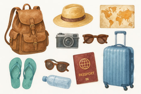 Watercolor travel essentials with backpack suitcase camera map passport sunglasses and hat. concept of wanderlust adventure exploration vacation packing checklist leisure, SET.の写真素材