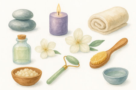 Watercolor spa elements with candle, flowers, and stones for relaxation and self-care. concept of tranquility, wellness, natural beauty products, and holistic lifestyle., SET.の写真素材