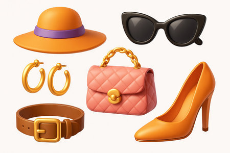 Fashionable accessories set with hat, sunglasses, earrings, handbag, belt, and heels. concept of stylish outfit, fashion trends, clothing accessories, SET.の写真素材