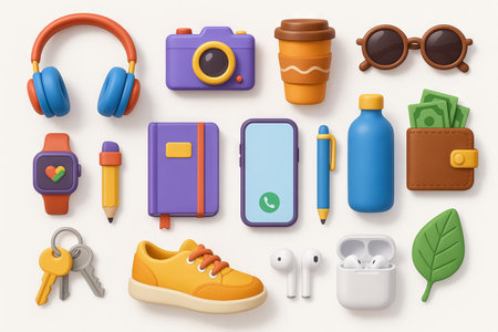 Colorful lifestyle flat lay with headphones, sneakers, and coffee cup; concept of modern living, technology, and everyday essentials in a vibrant composition, SET.の写真素材
