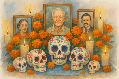 Watercolor illustration of dia de los muertos altar with colorful skulls and marigolds. concept of cultural celebration, ancestral tribute, festive decoration.の写真素材