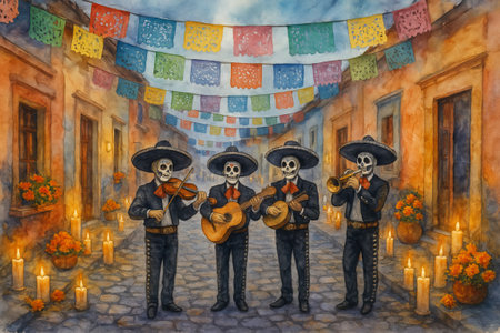 Watercolor dia de los muertos celebration with mariachi band in colorful street scene. concept of mexican tradition, cultural heritage, festive atmosphere.の写真素材