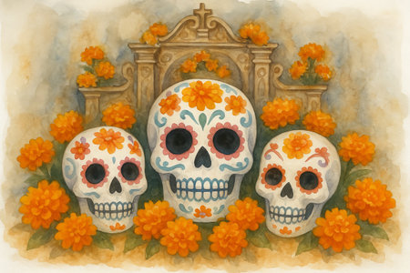Watercolor illustration of sugar skulls and marigolds for day of the dead celebration. concept of mexican tradition, floral decor, cultural heritage.の写真素材