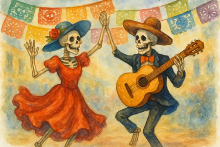 Dancing skeletons in colorful attire celebrating with music and festive banners. concept of day of the dead festival, vibrant celebration, cultural tradition.の写真素材