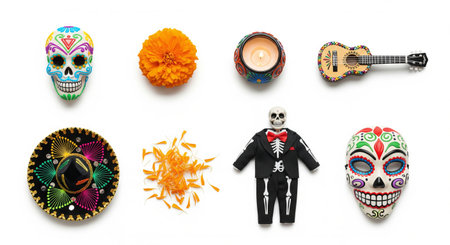 Day of the dead celebration items including skulls, marigold flower, decorative candle, guitar, sombrero, petals, and skeleton on white surface. concept of mexican tradition, festive decor, cultural heritage, SET.の写真素材