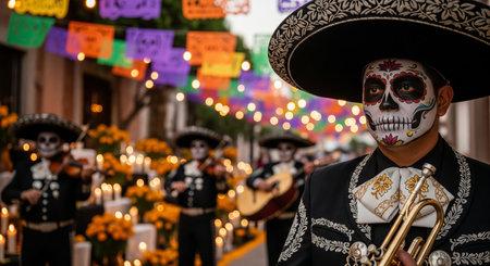 Traditional day of the dead celebration with mariachi musicians and candlelit decorations in a vibrant street setting. concept of mexican culture, festive atmosphere, cultural heritage.の写真素材