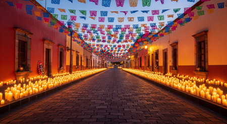 Colorful day of the dead celebration with candles and papel picado flags on a traditional mexican...