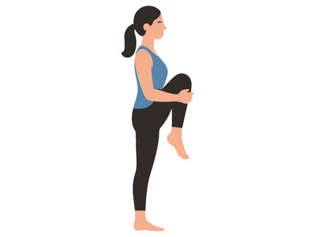 Illustration of woman performing knee stretch pose, fitness exercise, isolated on white background. concept of workout, flexibility, healthy lifestyle, physical fitness, posture.のイラスト素材