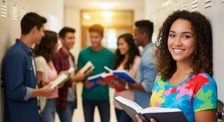 Young african american woman smiling while holding a book in a school hallway with a group of diverse students in the background. concept of education, diversity, student life.の写真素材