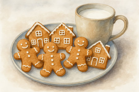 Watercolor christmas cookies and milk scene featuring gingerbread houses and figures on a festive...