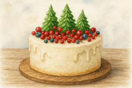 Watercolor christmas cake with berries and pine trees on wooden table. concept of festive dessert, holiday celebration, seasonal baking.の写真素材