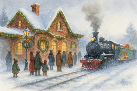 Christmas at train station with festive decor and steam train in snowy winter scene, watercolor illustration with people celebrating holiday spirit and joyful gathering.の写真素材
