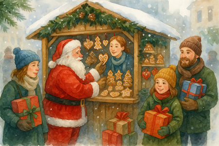 Watercolor santa claus at christmas market with family holding gifts on snowy day. concept of holiday cheer, festive celebration, family tradition.の写真素材