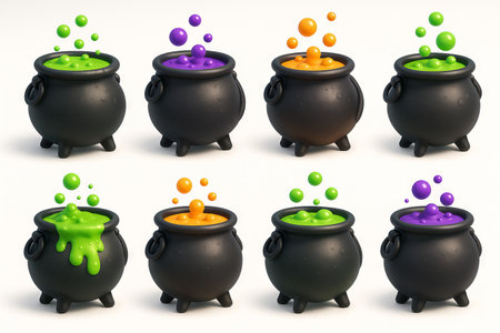 Halloween witchcraft cauldrons with bubbling potions in purple orange and green. concept of spooky holiday, magical brewing, potion making, witch decor illustration, SET.の写真素材