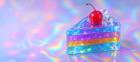 Iridescent jelly cake slice with cherry and crystals featuring holographic rainbow colors. concept of creative dessert, vibrant sweets, unique food art, banner, copy space.の写真素材