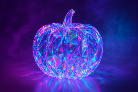 Iridescent pumpkin glow in vibrant neon colors on dark background. concept of futuristic halloween decor, unique autumn decoration, glowing artistic display.の写真素材