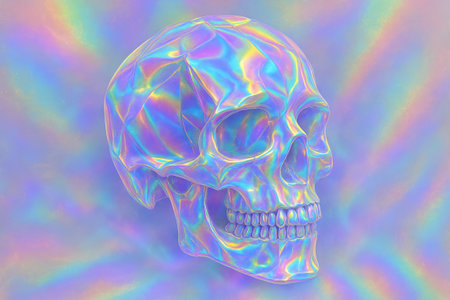 Holographic crystal skull on iridescent background highlighting futuristic design and colorful visual illusion concepts for creative art and modern decor.の写真素材