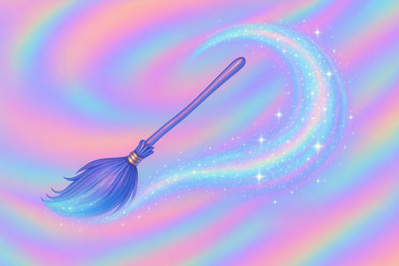 Magic broom and light swirls illustration with sparkling effects on pastel background. concept of fantasy, enchanted scenes, mystical beauty.の写真素材