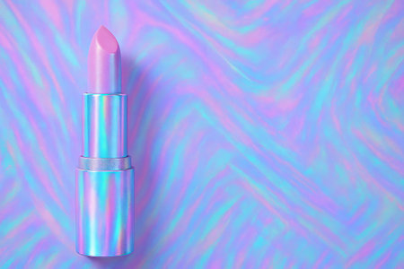 Holographic lipstick on iridescent background highlighting modern makeup trends. concept of fashion statement, cosmetic innovation, glamorous style, banner, copy space.の写真素材