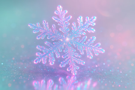 Iridescent snowflake sparkle on soft pastel background showcasing winter beauty and festive decor. concept of elegance, seasonal magic, atmospheric glow.の写真素材